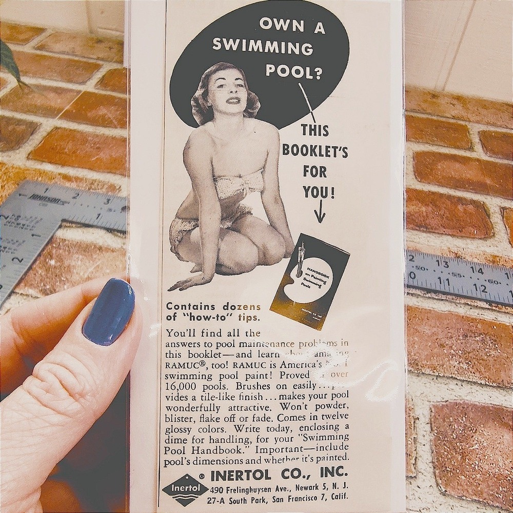 1956 Sexy Lady in Bikini on Her Knees "Own‎ a Swinning Pool?" Orig Vtg Print Ad